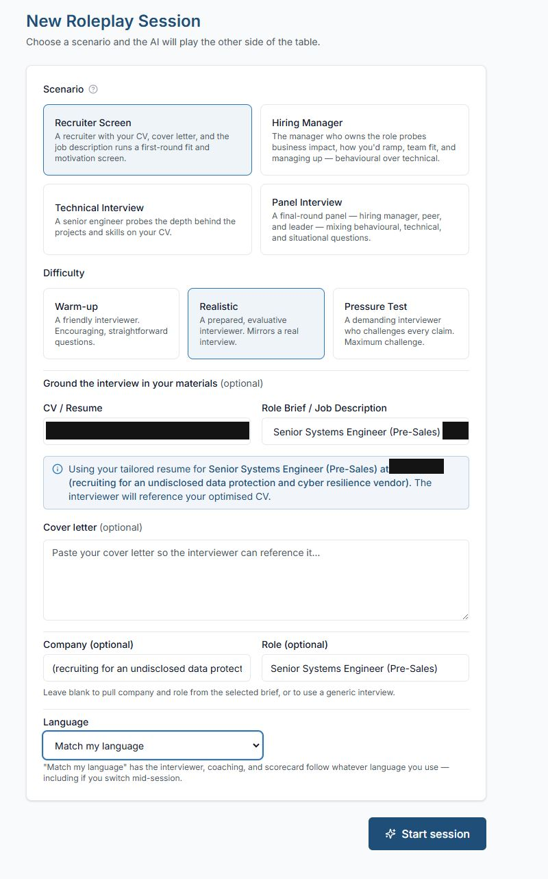New Roleplay Session screen — scenario and difficulty selectors, with CV and role brief optionally attached