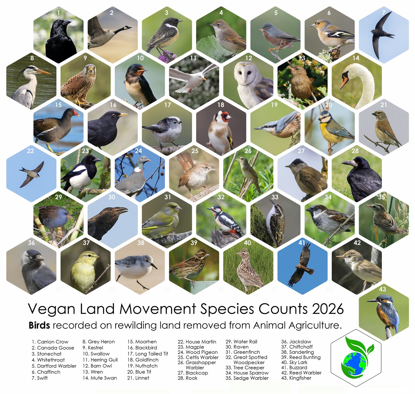 Vegan Land Movement Species Counts 2026: a grid of numbered photographs of birds recorded on rewilding land, including Barn Owl, Dartford Warbler, Reed Bunting, Kingfisher and Water Rail